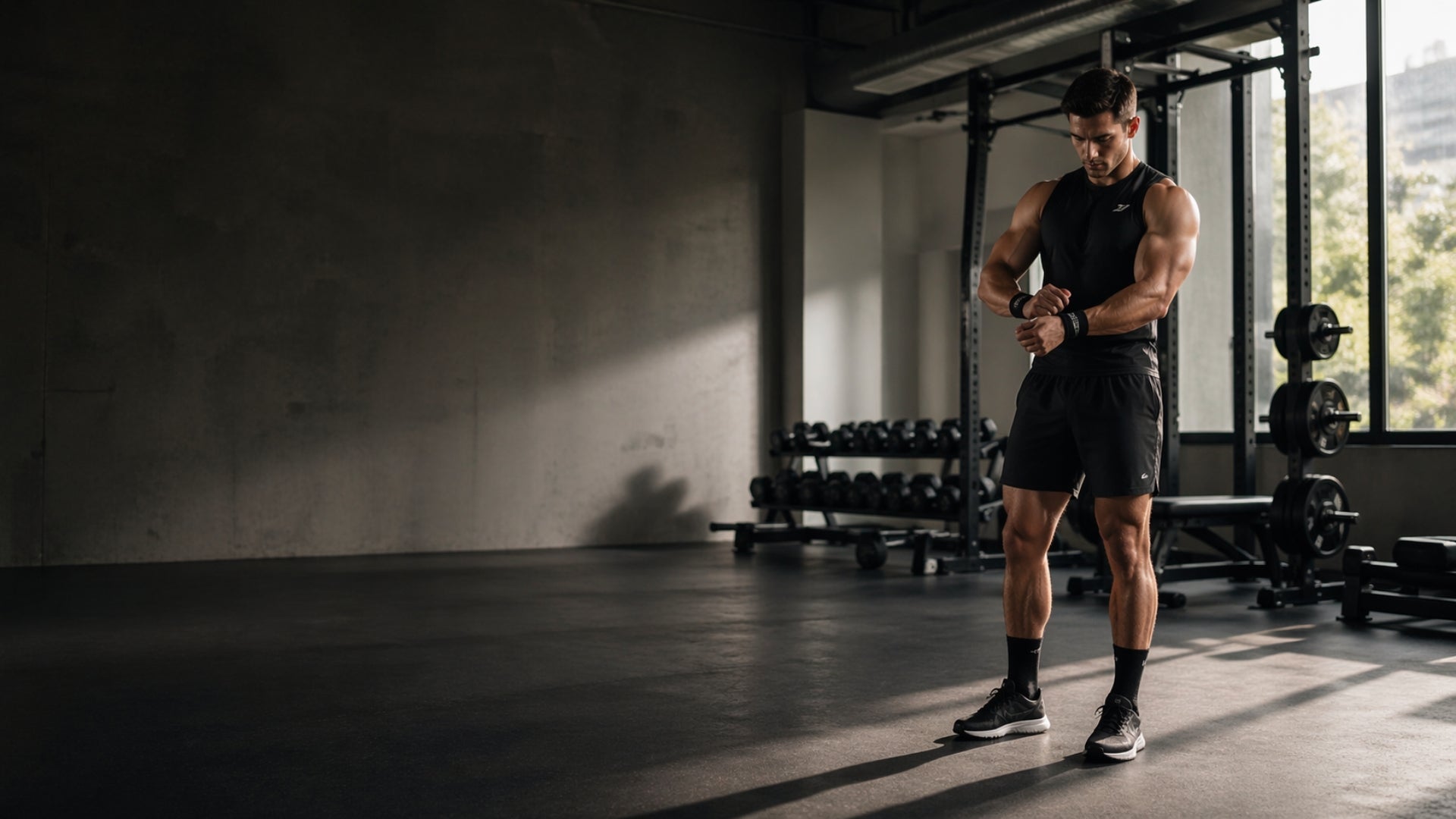 Man exercising with dumbbells in a gym setting
