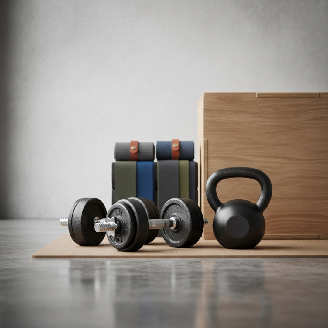 Dumbbells and kettlebell on a wooden mat with books stacked in the background.