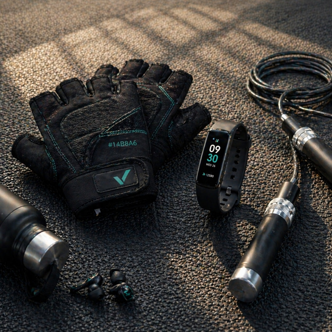 Gloves, jump rope, dumbbells, and fitness tracker on a textured surface