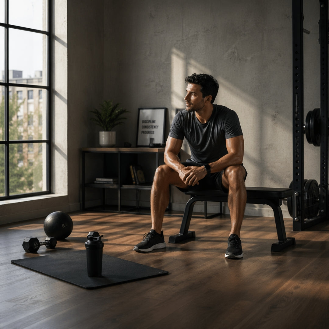 Man sitting on a bench in a gym with exercise equipment around