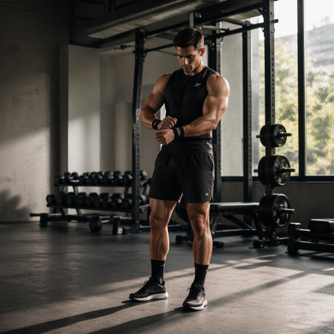 Muscular man adjusting his wristbands in a gym setting