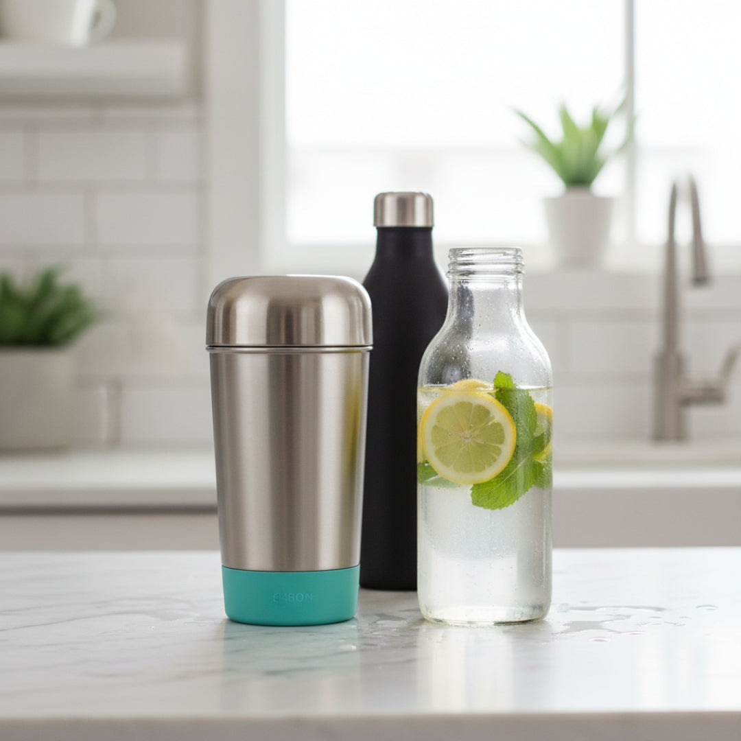 Stainless steel tumbler with turquoise base, black bottle, and glass bottle with lemon and mint on a kitchen counter.