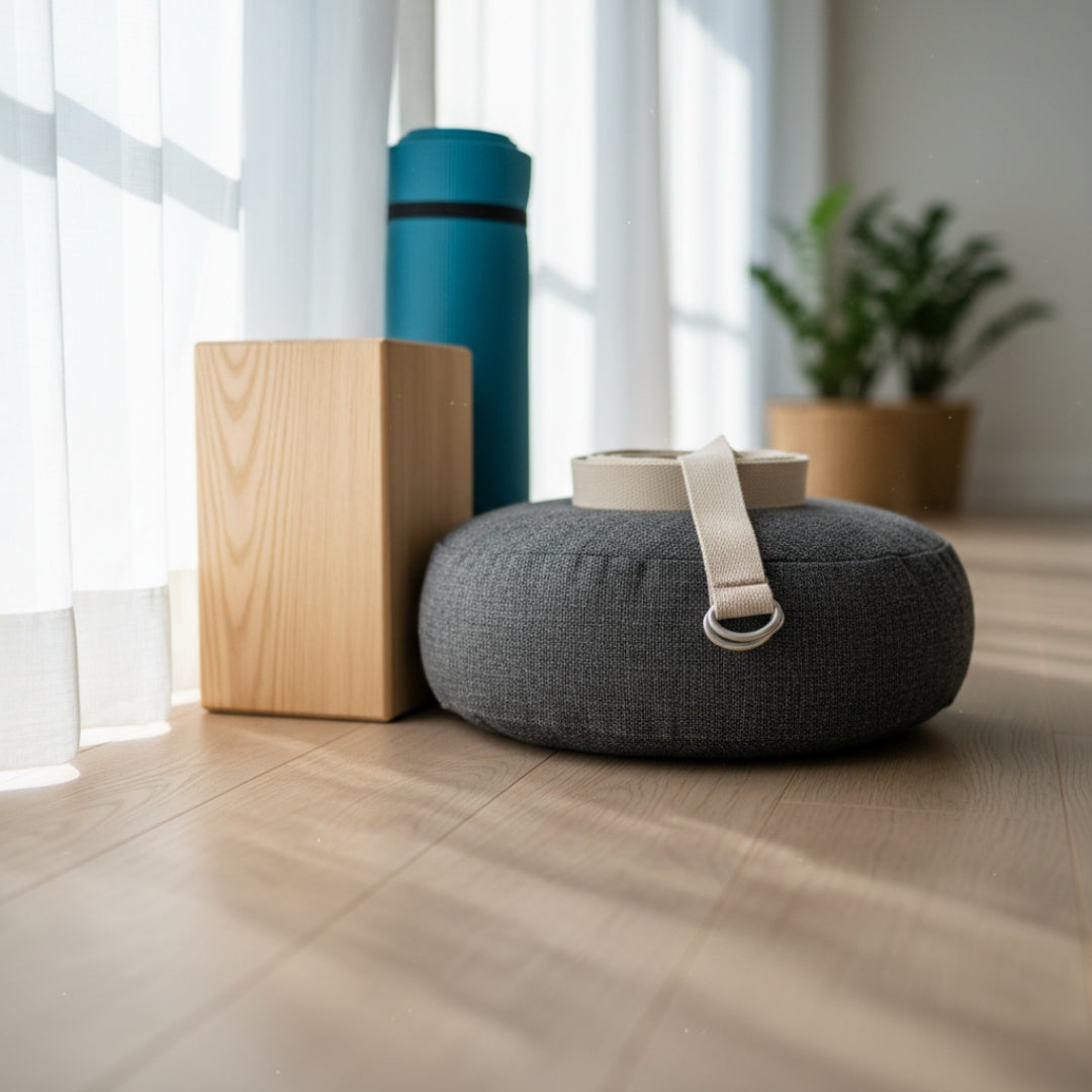 Gray meditation pillow with a strap, wooden block, and blue thermos on a wooden floor.